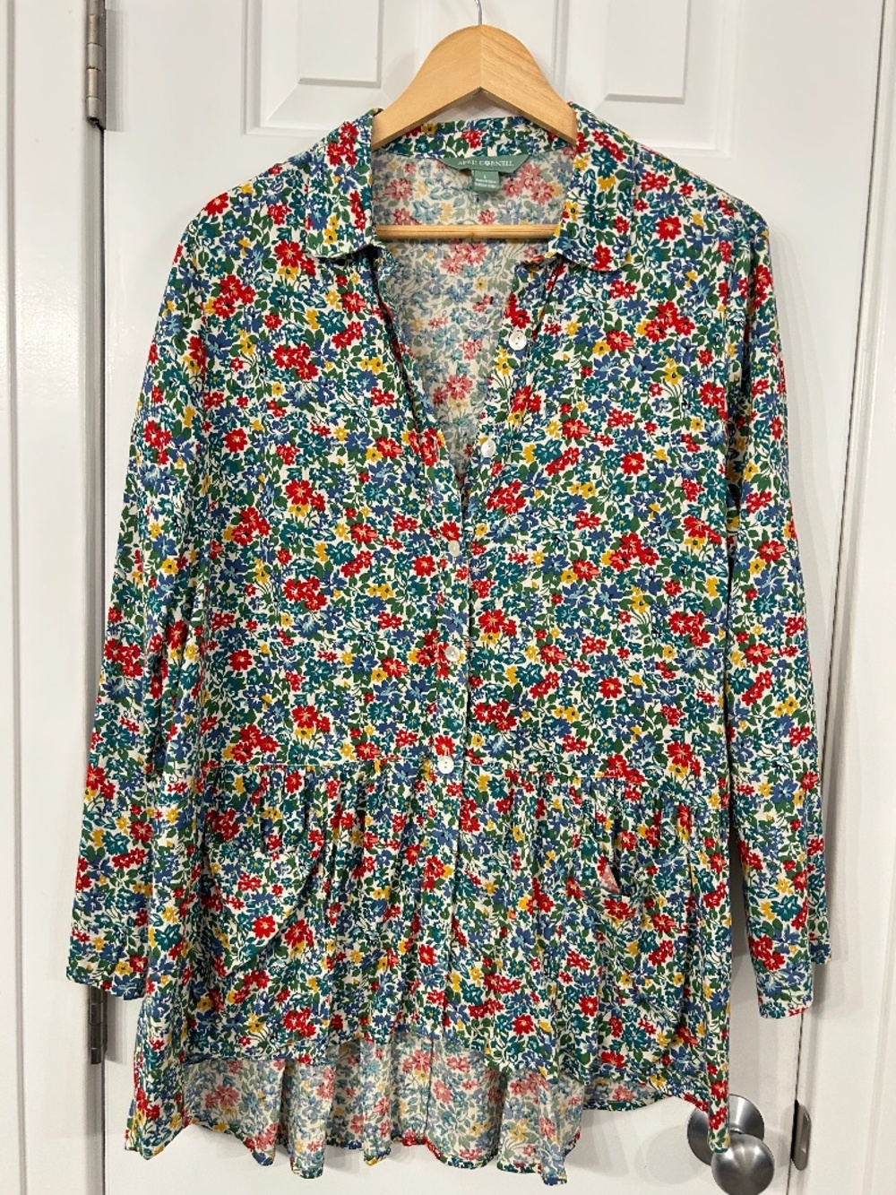 Floral tunic with peplum, asymmetric hem, large